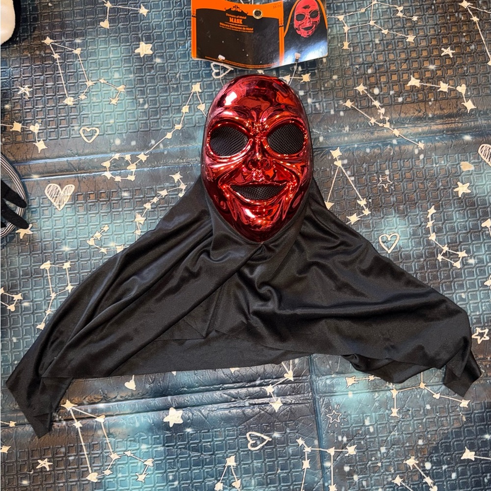 Demons of Metal Red Metallic Halloween Mask with Mesh Eyes and Hood